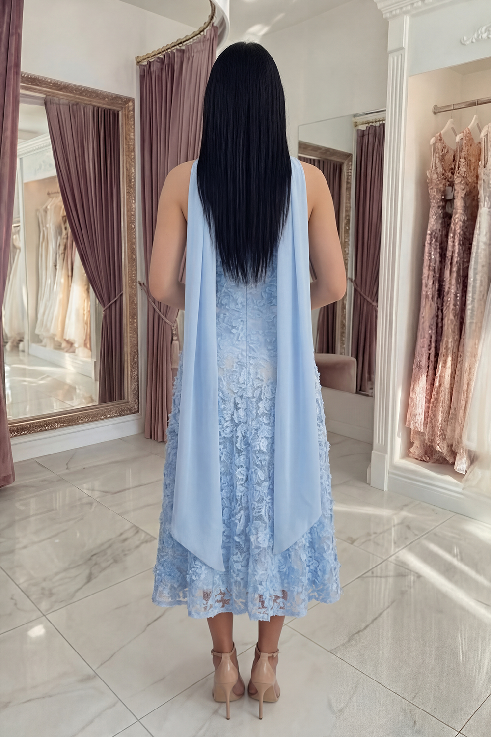 Blue A Line Floral Neck Scarf Strapless Long Prom Dress