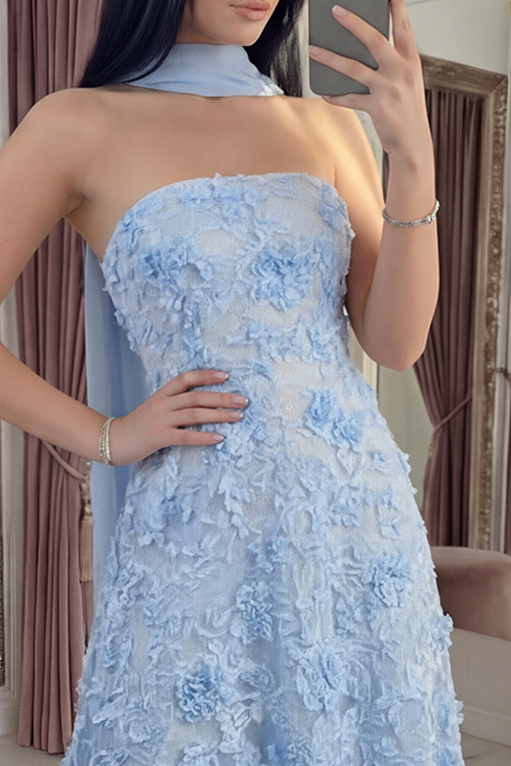 Blue A Line Floral Neck Scarf Strapless Long Prom Dress