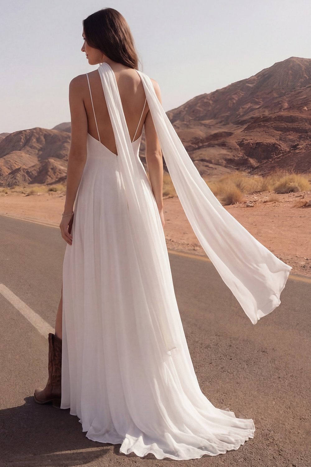 Ivory Spaghetti Straps Long A Line Graduation Dress with Slit