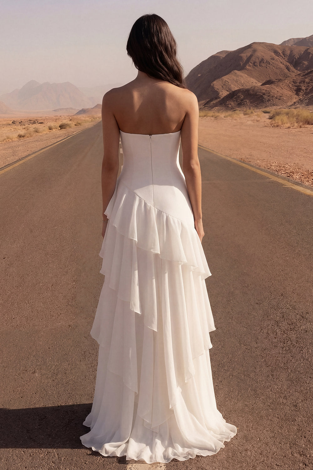 Ivory Strapless A Line Long Graduation Dress with Ruffles