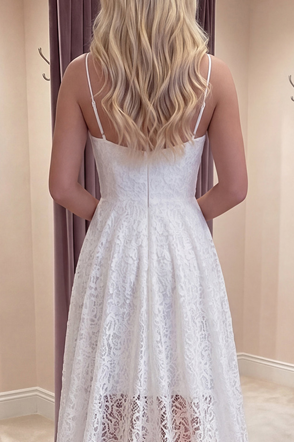 Ivory High Low A Line Floral Lace Spaghetti Straps Boho Long Graduation Dress