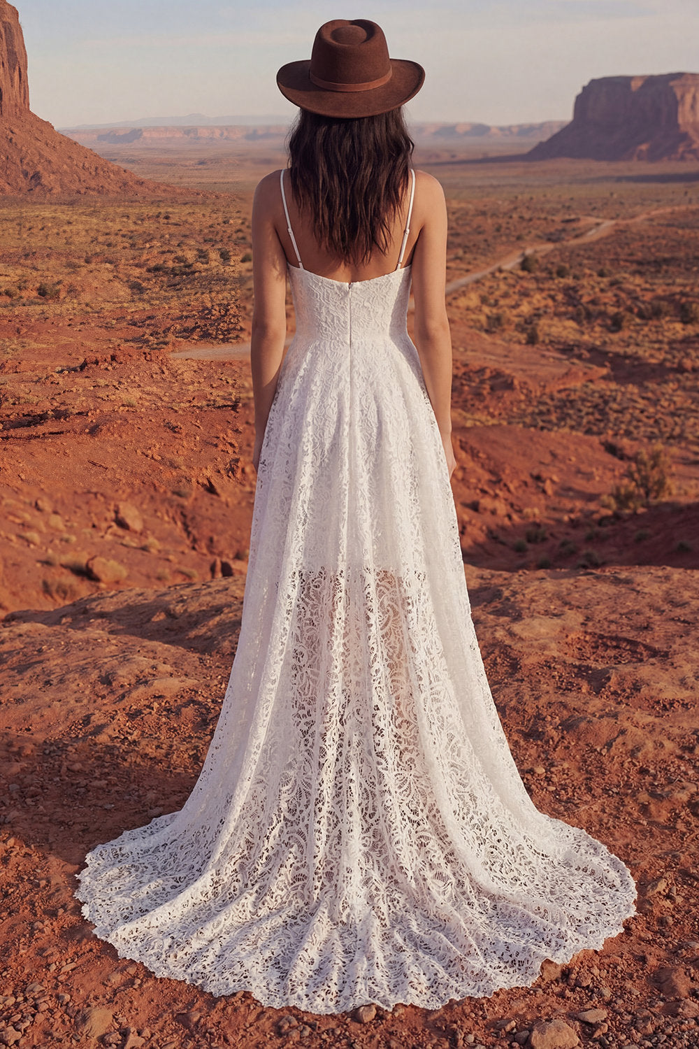 Ivory High Low A Line Floral Lace Spaghetti Straps Boho Long Graduation Dress