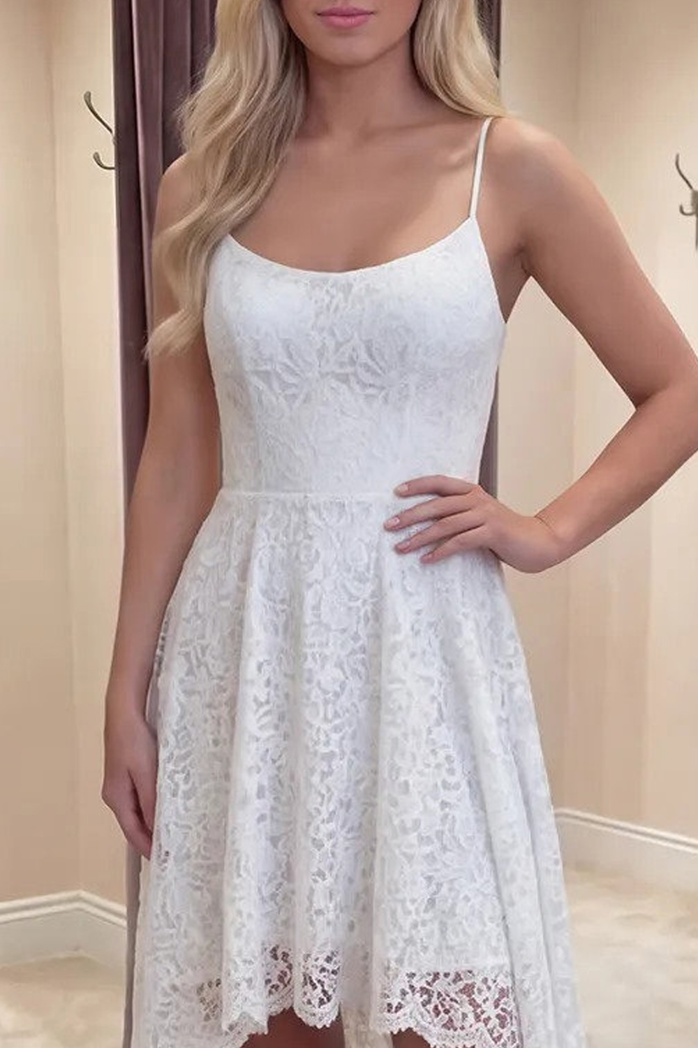 Ivory High Low A Line Floral Lace Spaghetti Straps Boho Long Graduation Dress