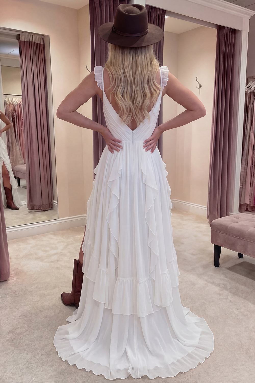 Ivory A Line V-Neck Long Graduation Dress with Ruffles