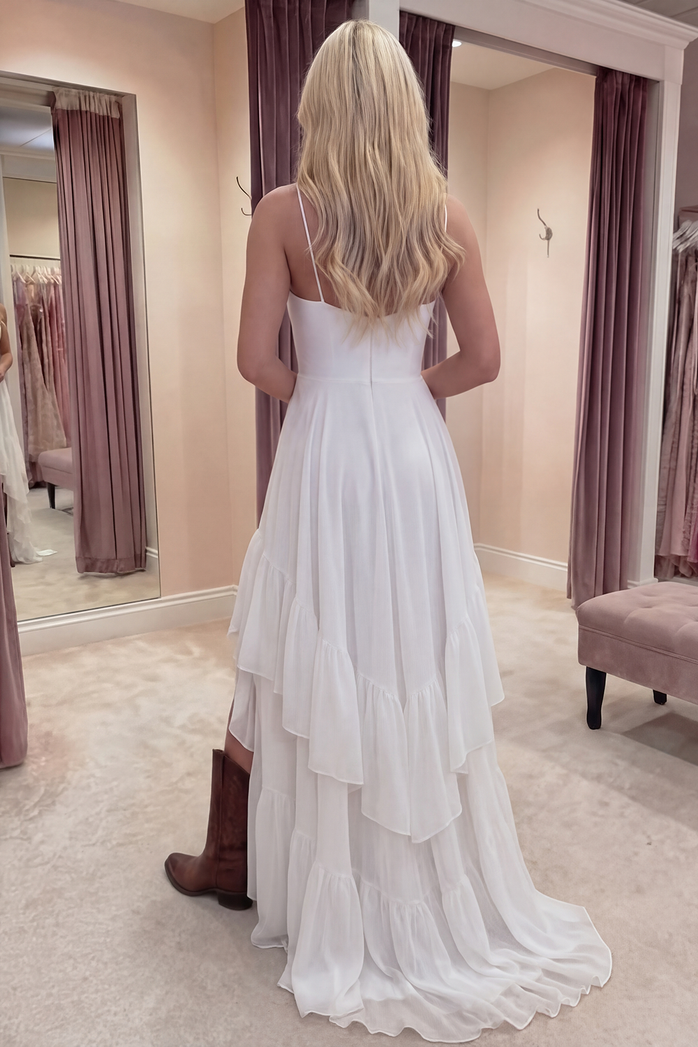 Ivory Long A Line Spaghetti Straps Graduation Dress with Ruffles