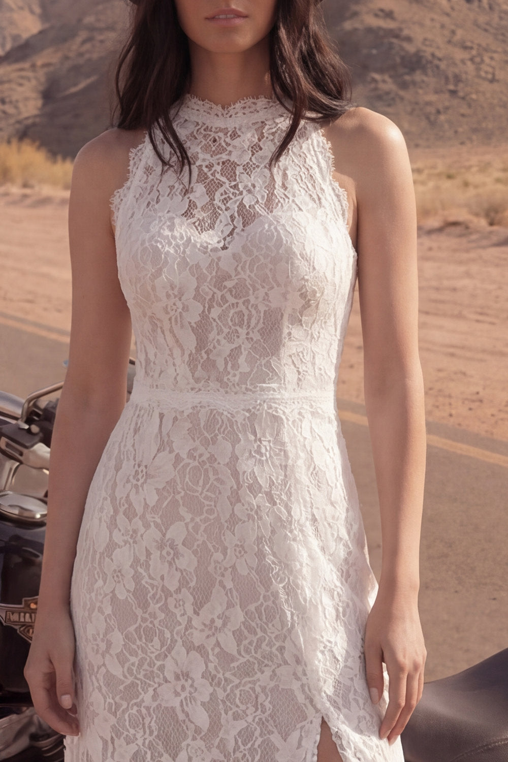 Sheath Floral Ivory Lace Long Boho Graduation Dress with Slit