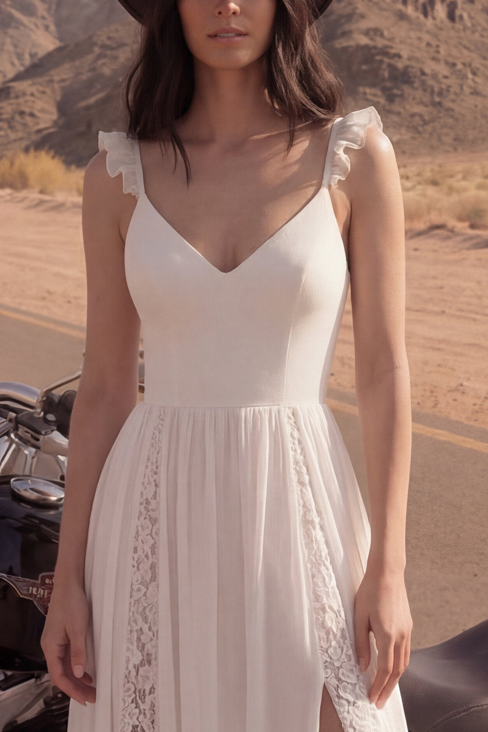 A Line V-Neck Ivory Lace Long Ruffled Graduation Dress with Slit