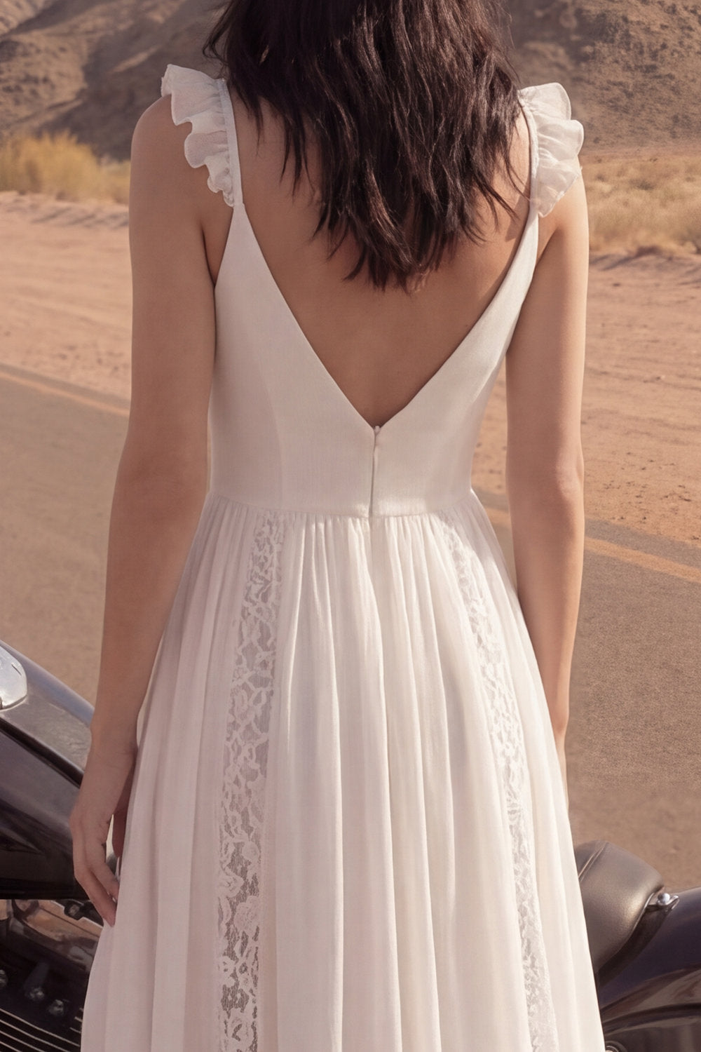 A Line V-Neck Ivory Lace Long Ruffled Graduation Dress with Slit