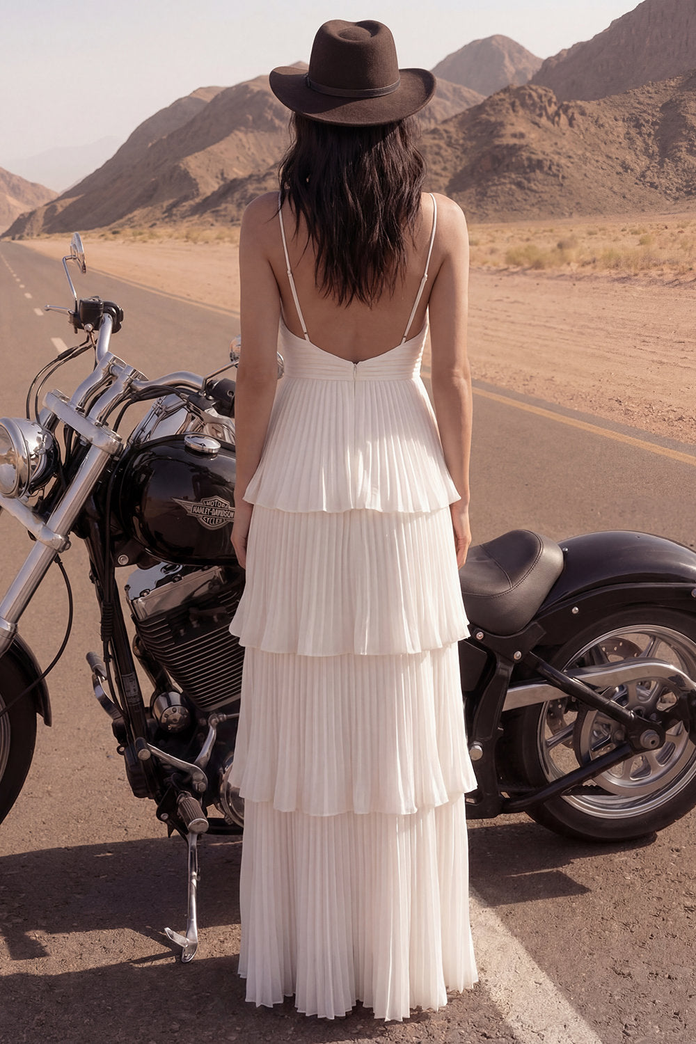 A Line Spaghetti Straps Ivory Long Pleated Graduation Dress with Ruffles