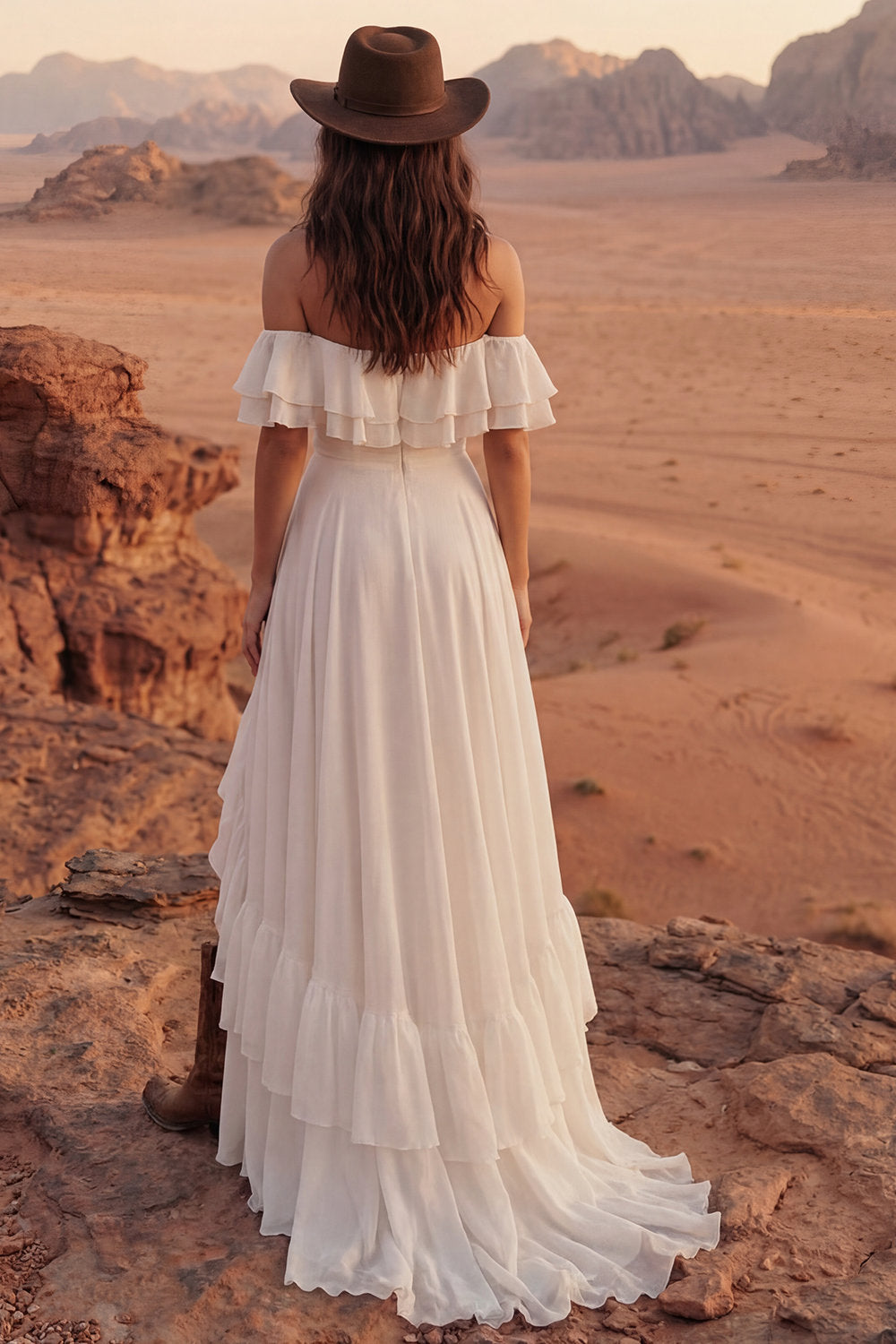 Ivory A Line Off the Shoulder Long Graduation Dress with Ruffles
