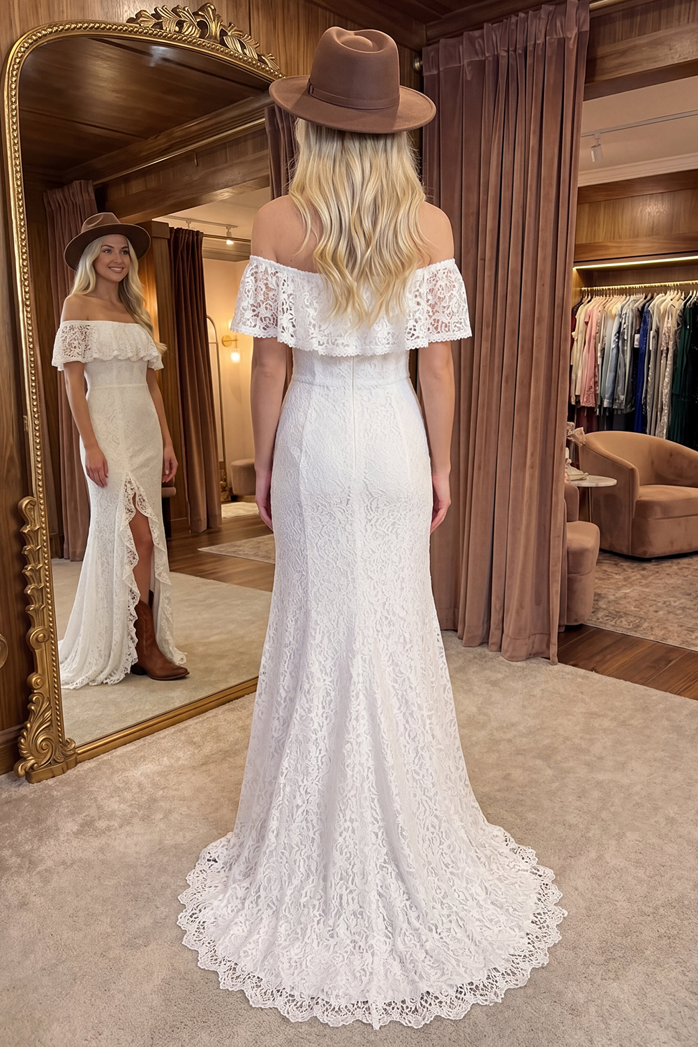 Ivory Floral Mermaid Boho Long Graduation Dress with Ruffles
