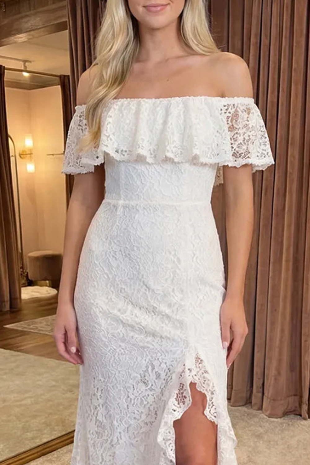 Ivory Floral Mermaid Boho Long Graduation Dress with Ruffles
