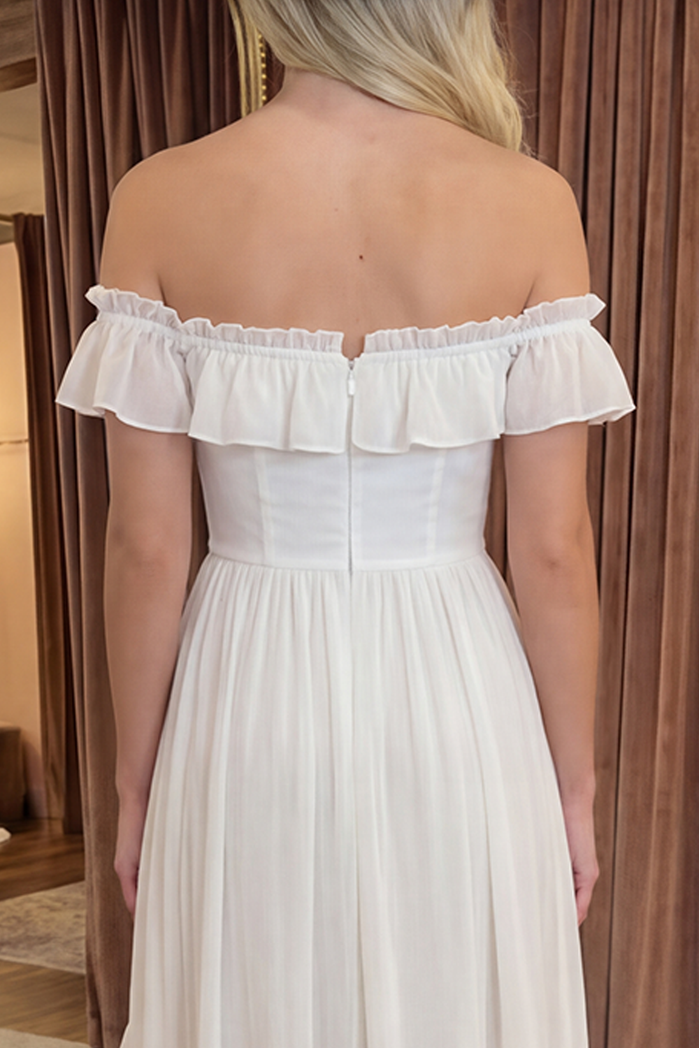 A Line High-Low Ivory Off the Shoulder Graduation Dress with Ruffles