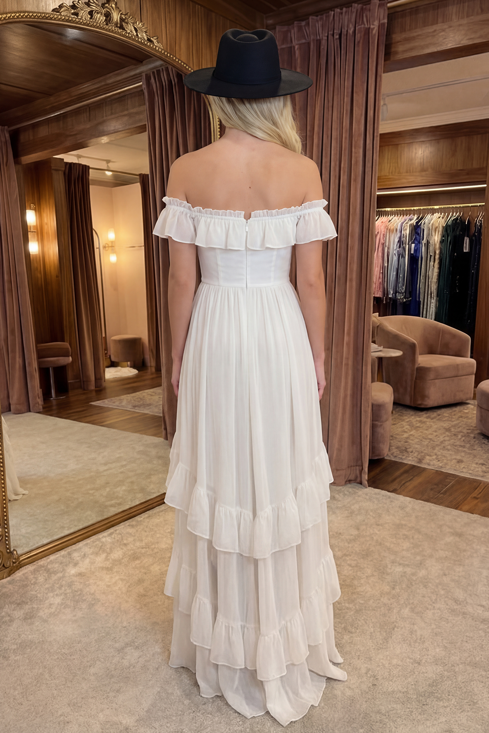 A Line High-Low Ivory Off the Shoulder Graduation Dress with Ruffles