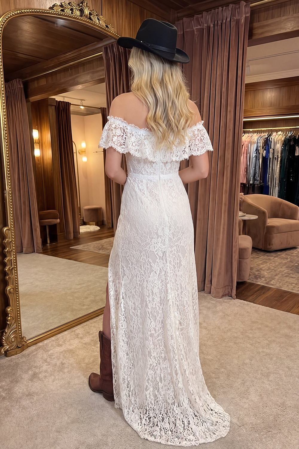 Floral Ivory Off the Shoulder Sheath Boho Long Graduation Dress with Slit