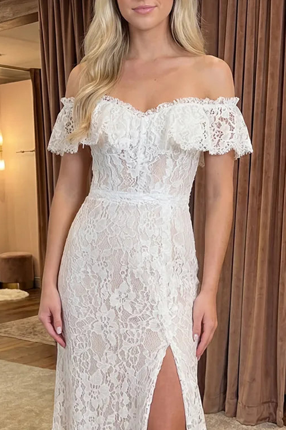 Floral Ivory Off the Shoulder Sheath Boho Long Graduation Dress with Slit