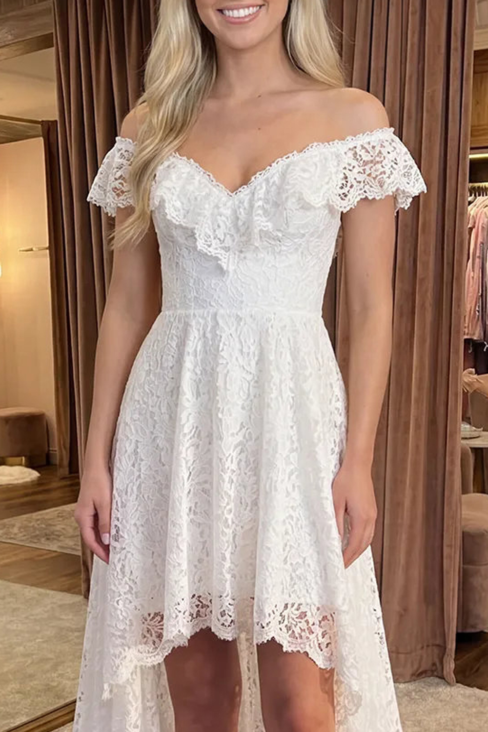 Ivory High Low Floral A Line Lace Boho Graduation Dress
