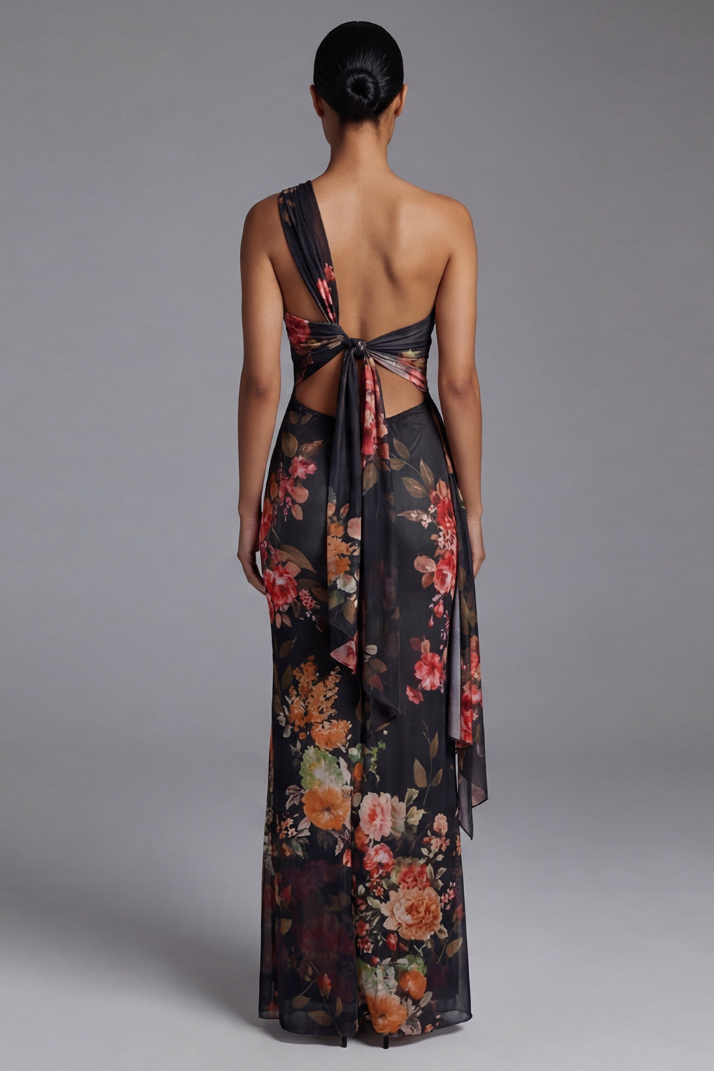 Black Sheath Floral One Shoulder Ruched Long Prom Dress