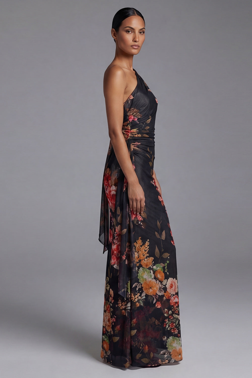 Black Sheath Floral One Shoulder Ruched Long Prom Dress