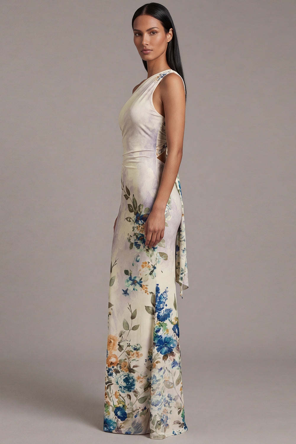 Black Sheath Floral One Shoulder Ruched Long Prom Dress