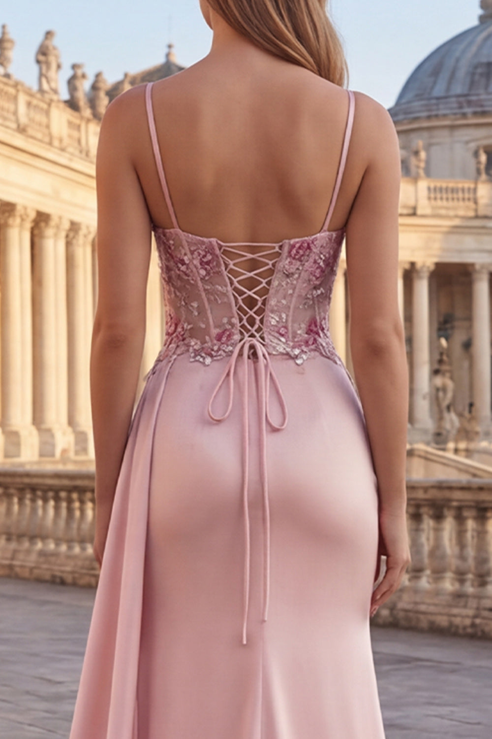 Pink Sheath Floral Corset Ruched Long Prom Dress with Side Cape