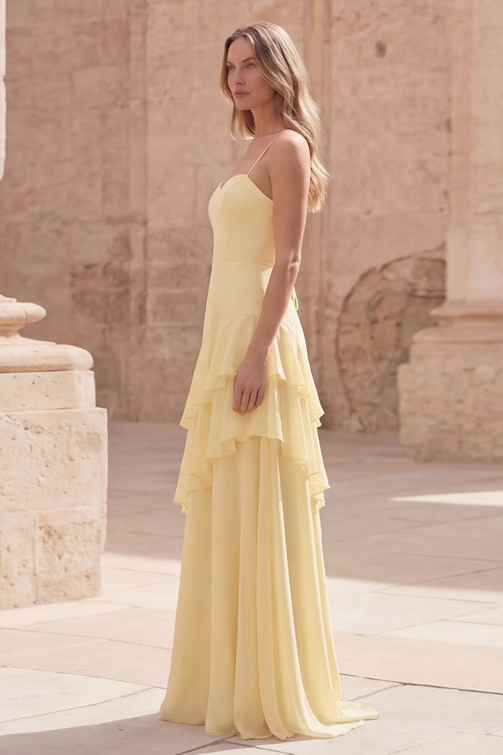 Yellow A Line Spaghetti Straps Long Prom Dress with Ruffles