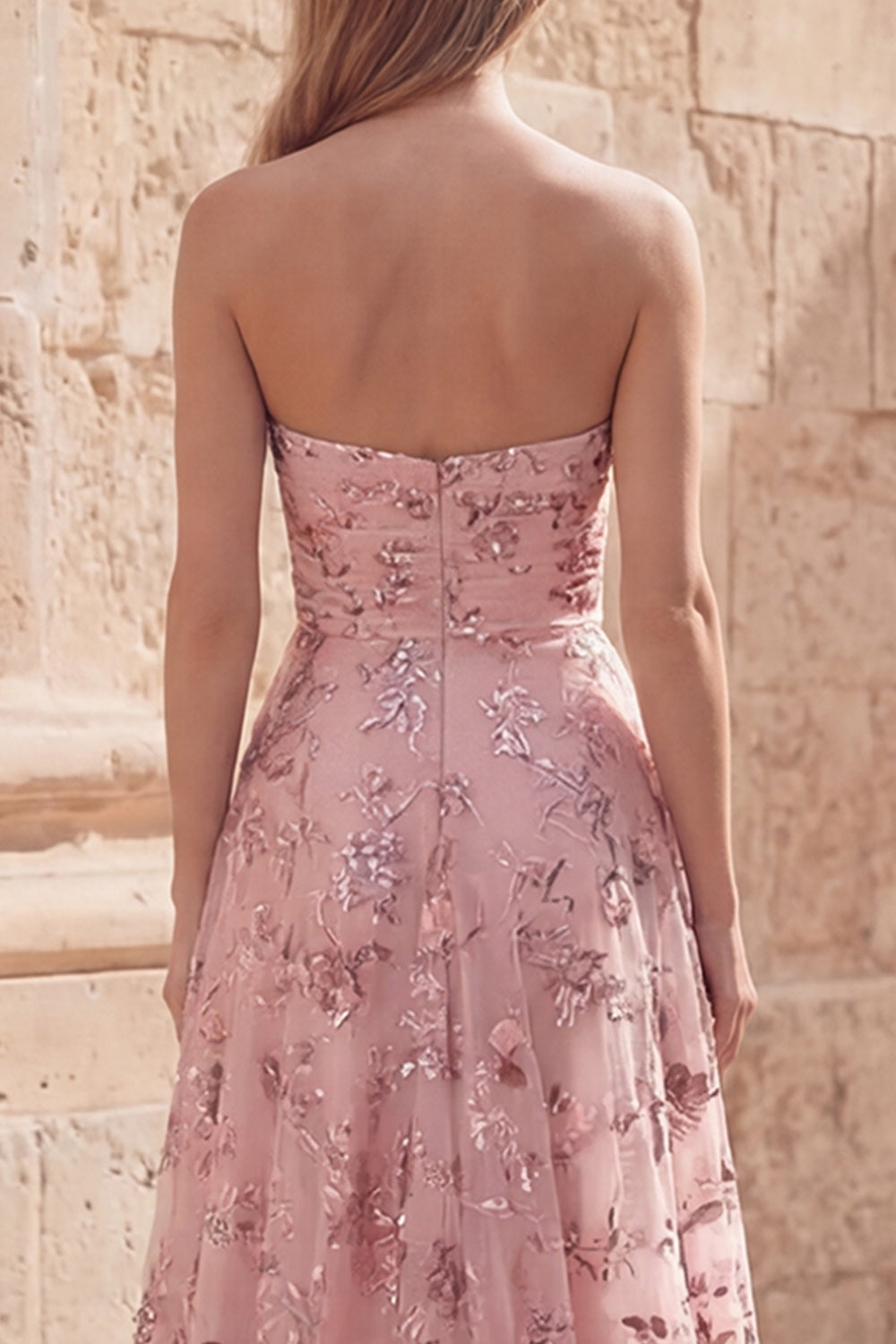 Sparkly A Line Blush Sequin Long Strapless Prom Dress with Slit