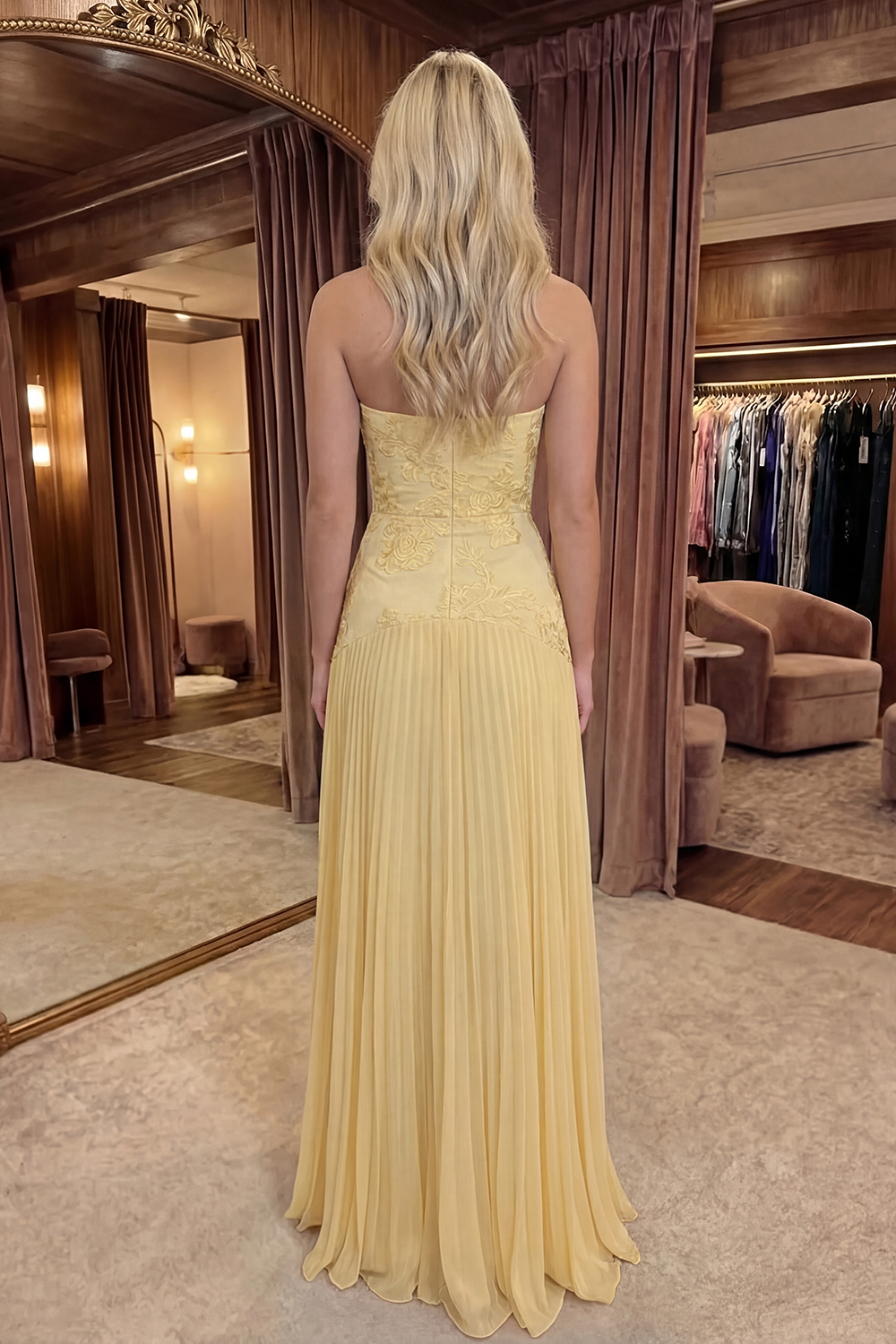 Strapless Yellow Appliqued A Line Long Prom Dress with Pleats