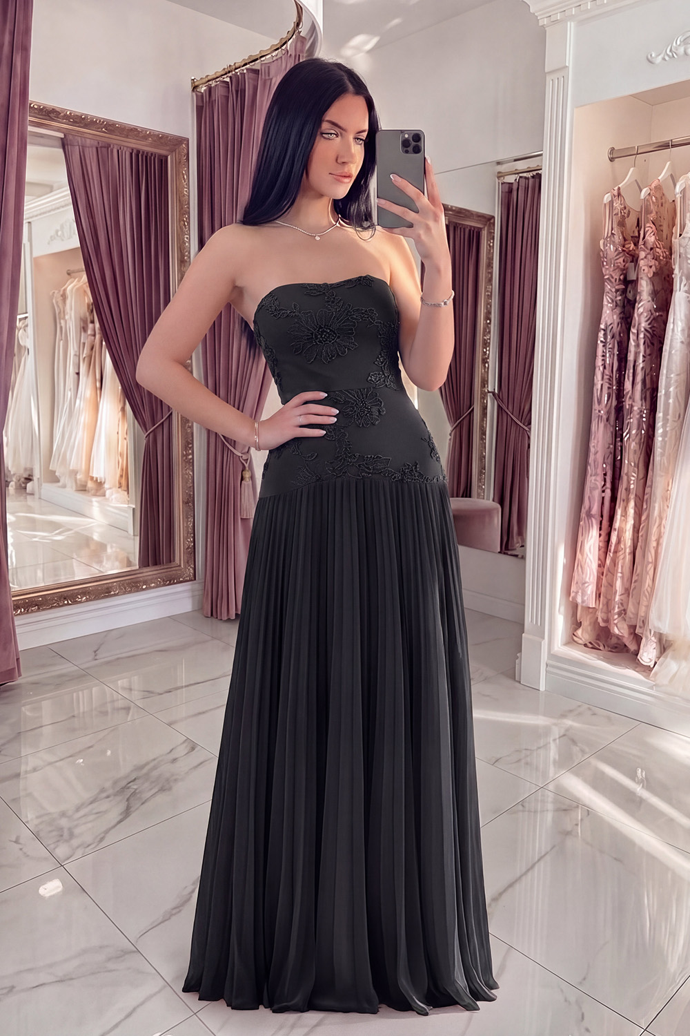 Strapless Yellow Appliqued A Line Long Prom Dress with Pleats