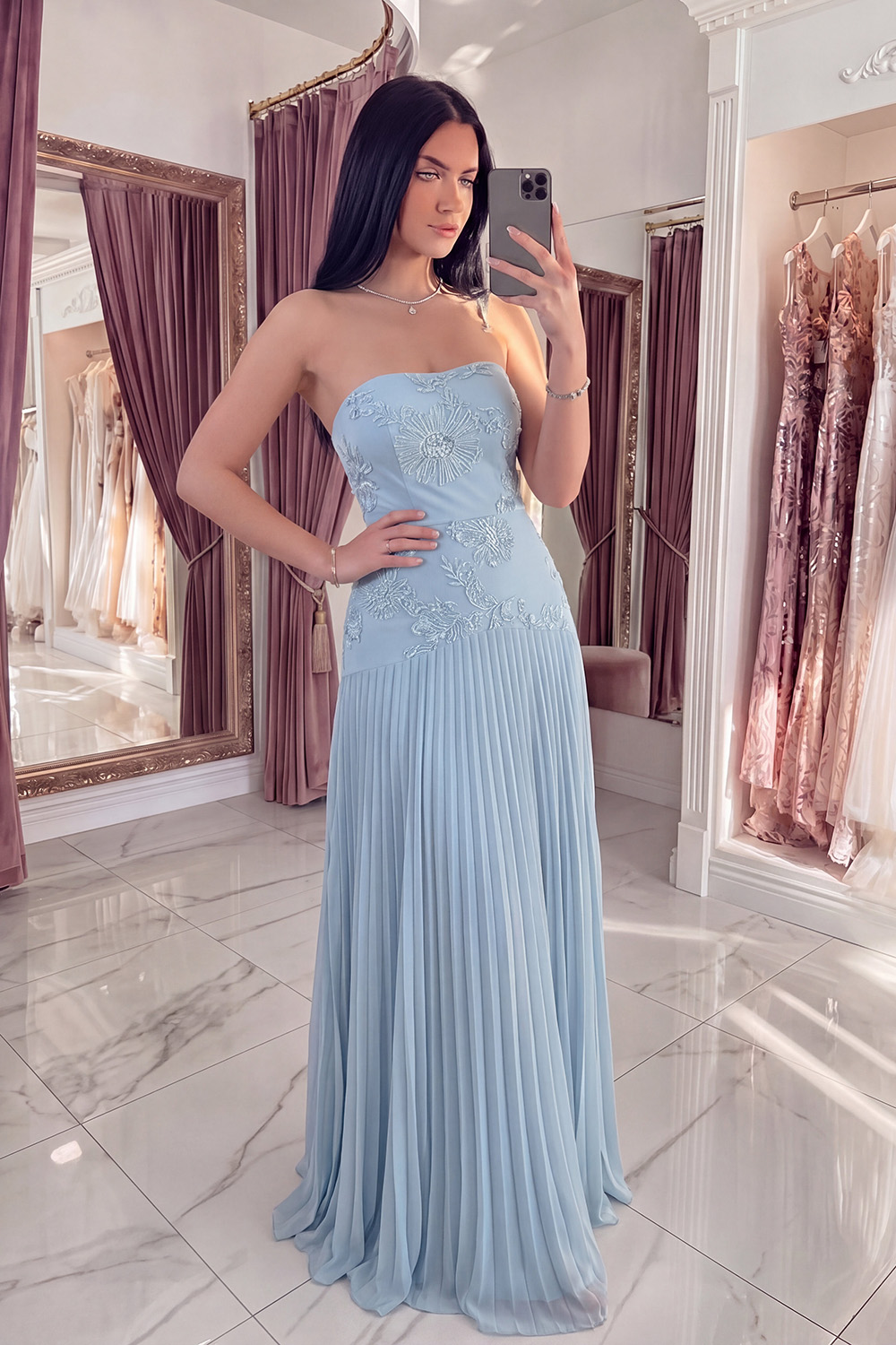 Strapless Yellow Appliqued A Line Long Prom Dress with Pleats
