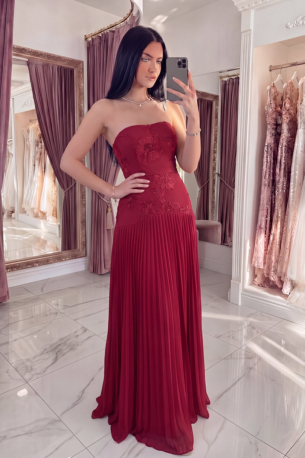 Strapless Yellow Appliqued A Line Long Prom Dress with Pleats