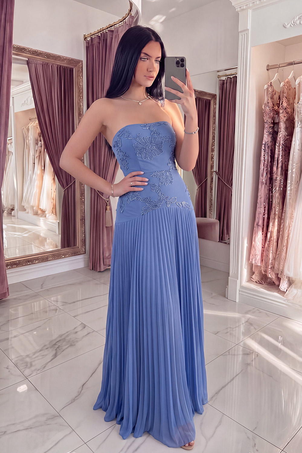 Strapless Yellow Appliqued A Line Long Prom Dress with Pleats