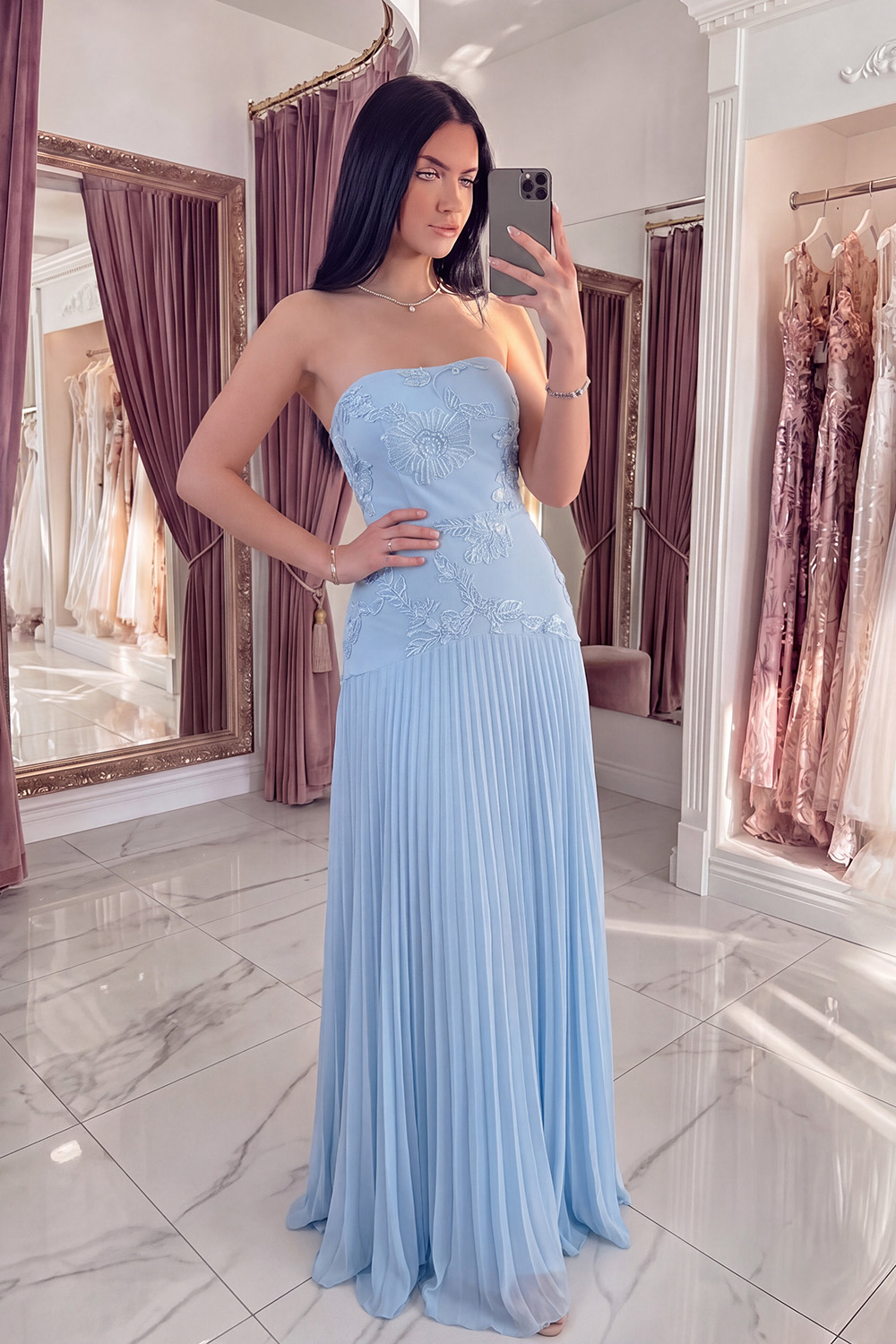Strapless Yellow Appliqued A Line Long Prom Dress with Pleats