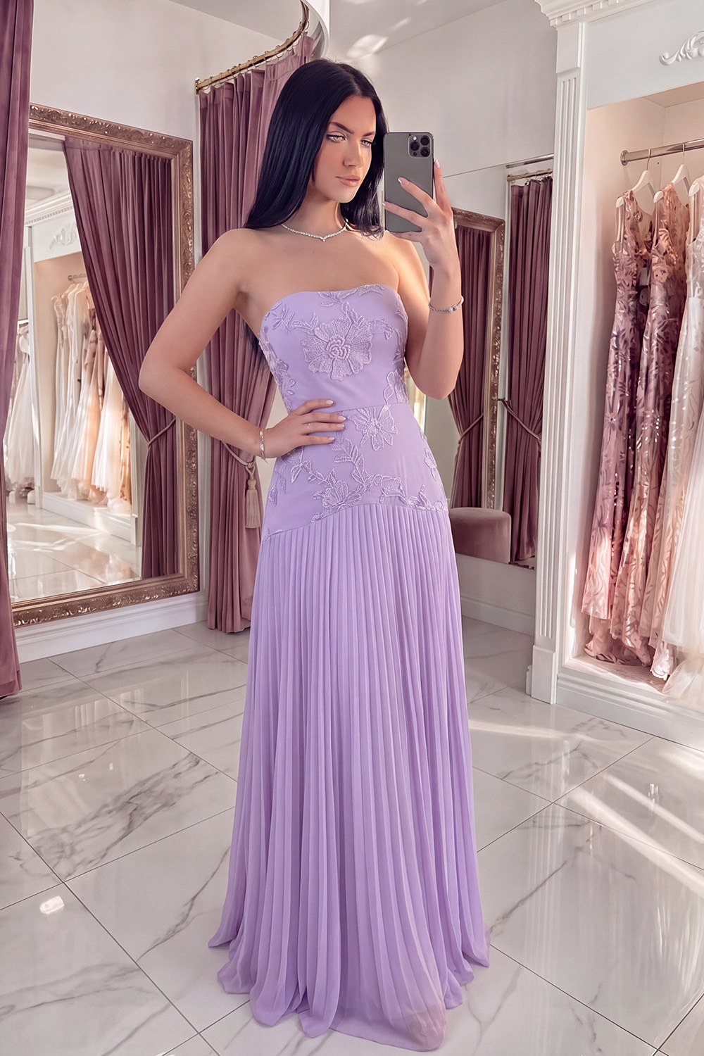 Strapless Yellow Appliqued A Line Long Prom Dress with Pleats