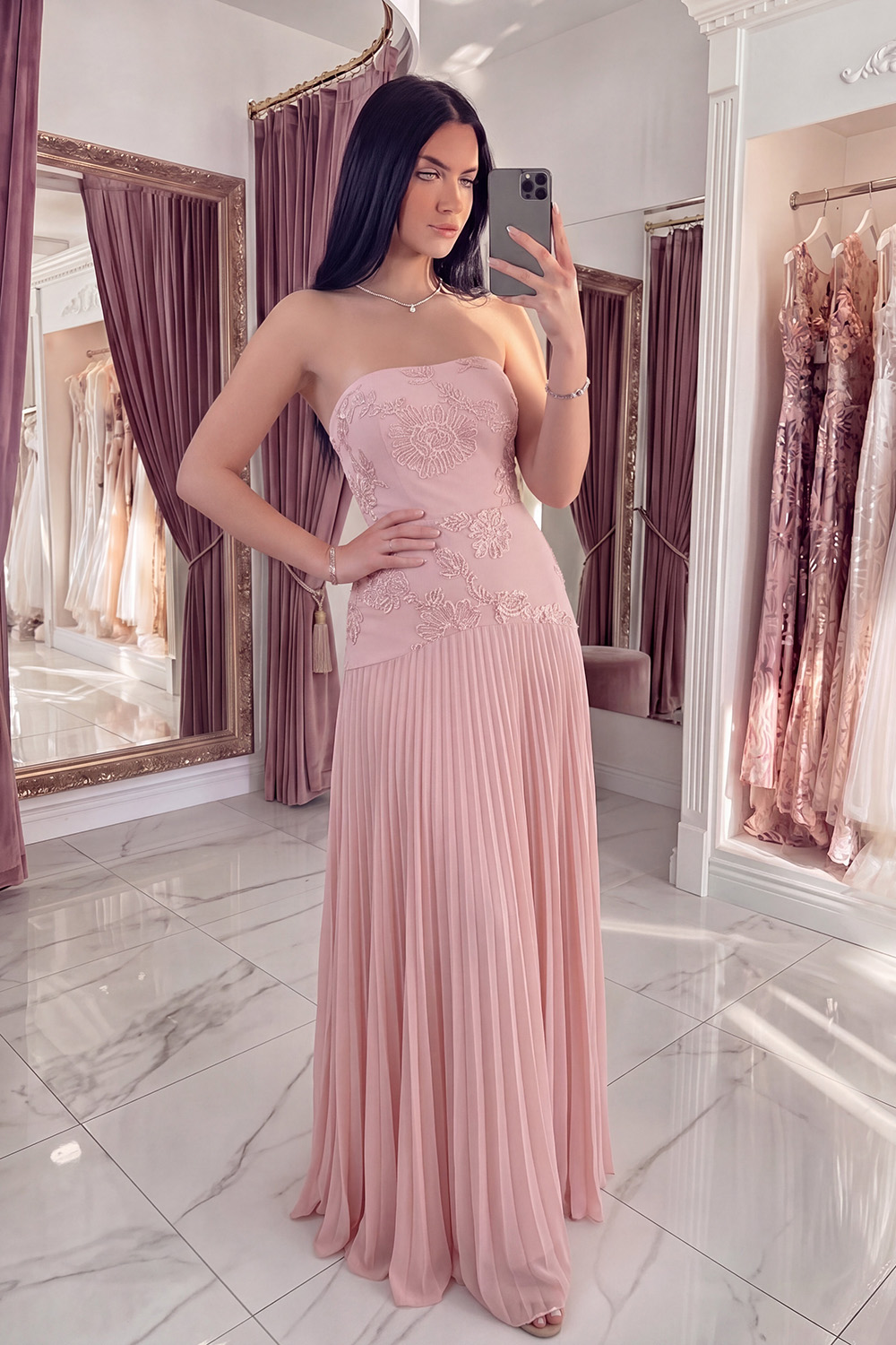 Strapless Yellow Appliqued A Line Long Prom Dress with Pleats