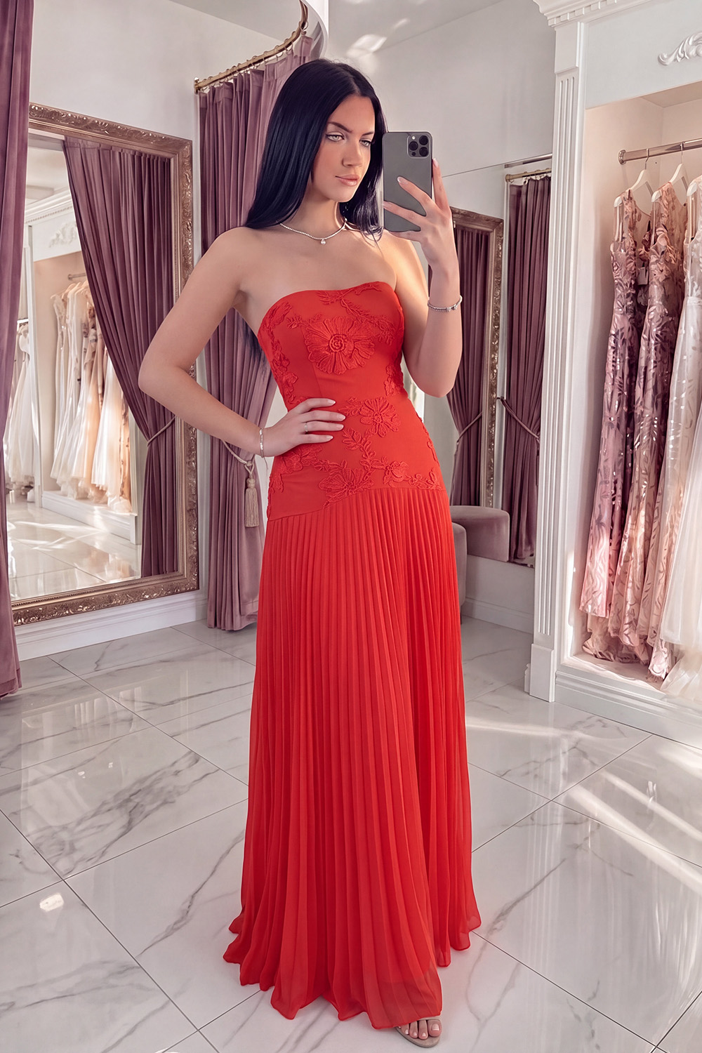 Strapless Yellow Appliqued A Line Long Prom Dress with Pleats