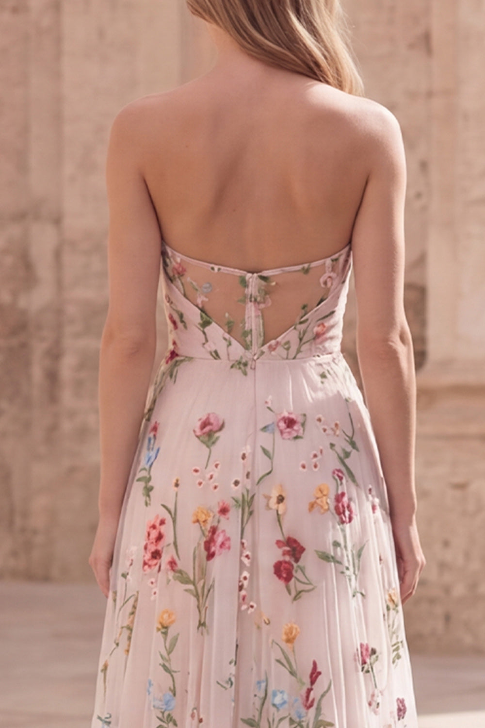 Ivory Flower A Line Ruched Strapless Long Prom Dress with Slit