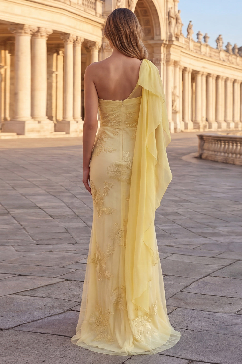 Appliqued Mermaid Long Yellow Prom Dress with Side Cape