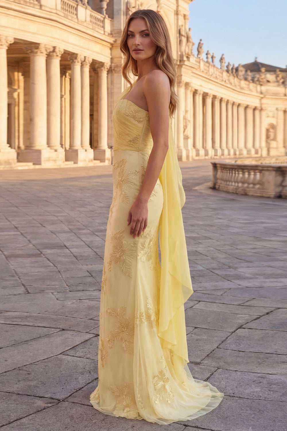 Appliqued Mermaid Long Yellow Prom Dress with Side Cape