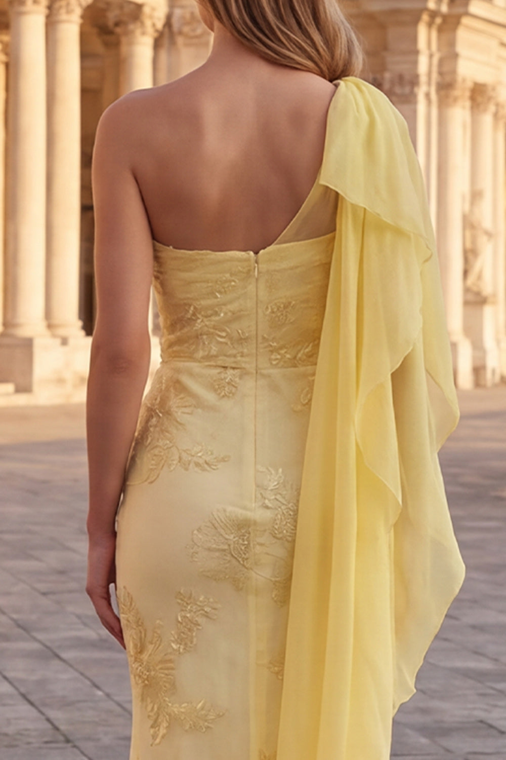 Appliqued Mermaid Long Yellow Prom Dress with Side Cape