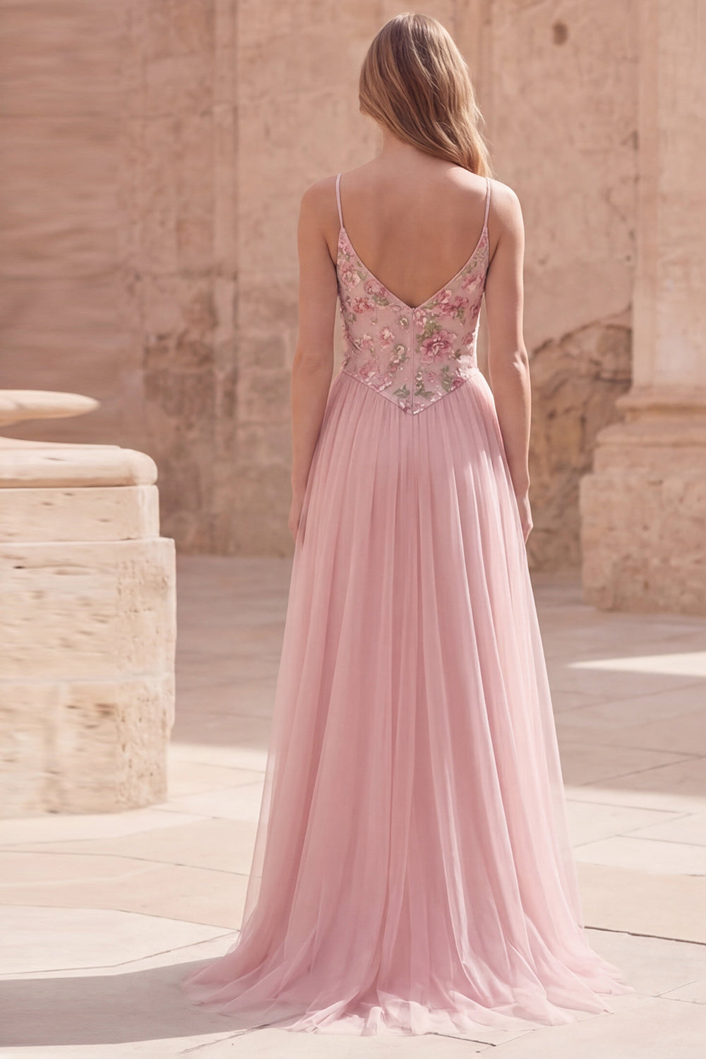 Pink Spaghetti Straps Floral A Line Long Prom Dress