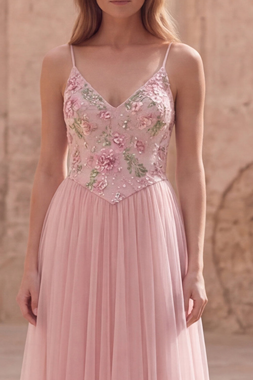 Pink Spaghetti Straps Floral A Line Long Prom Dress
