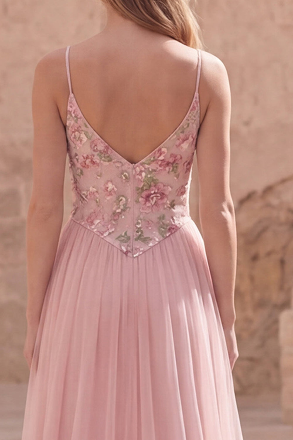 Pink Spaghetti Straps Floral A Line Long Prom Dress