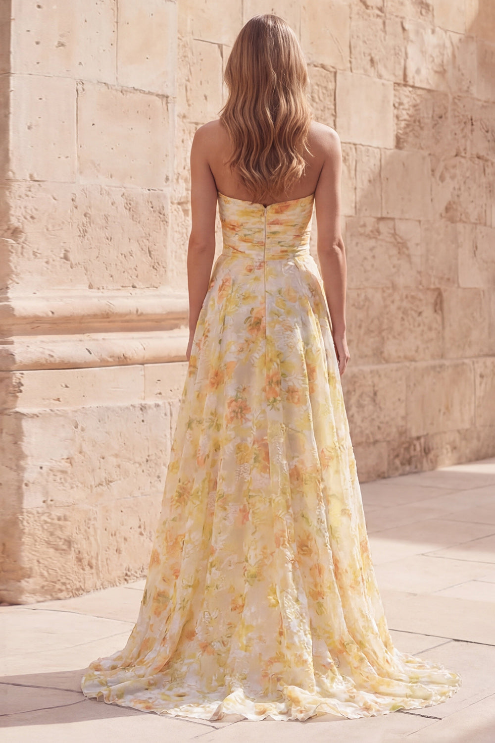 Floral Strapless Ruched Yellow A Line Long Prom Dress with Slit