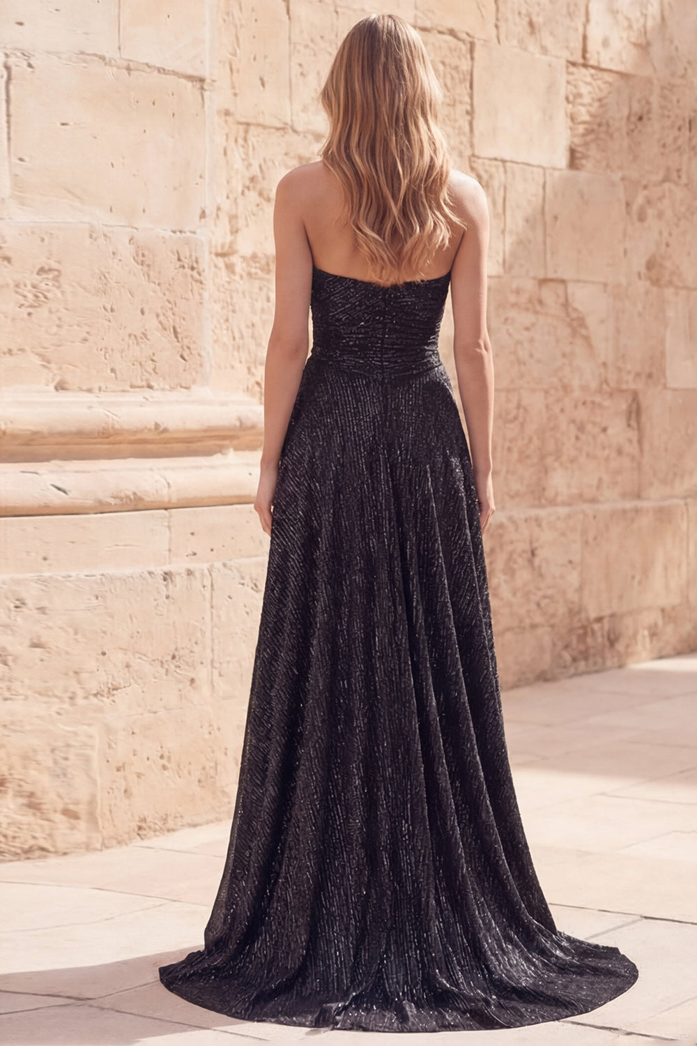 Strapless Ruched Sparkly Black Sheath Long Prom Dress with Slit