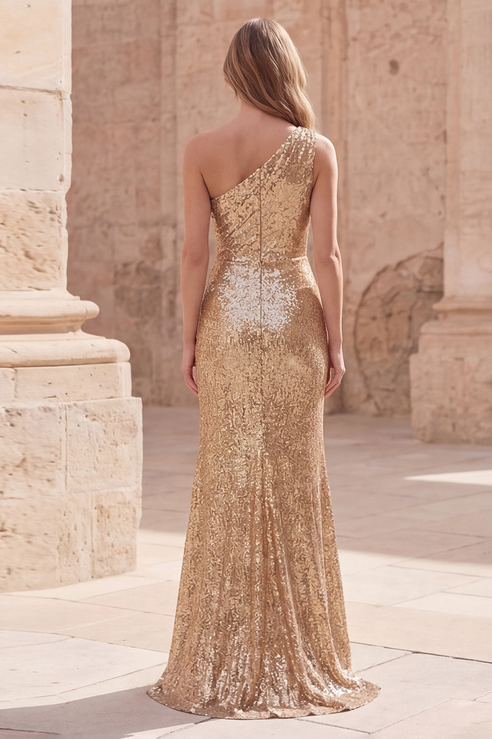 Sparkly Gold Sheath Sequin Long Ruched Prom Dress with Slit