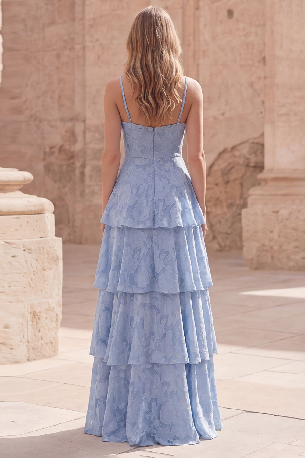 Dusty Blue Floral Lace A Line Long Prom Dress with Ruffles