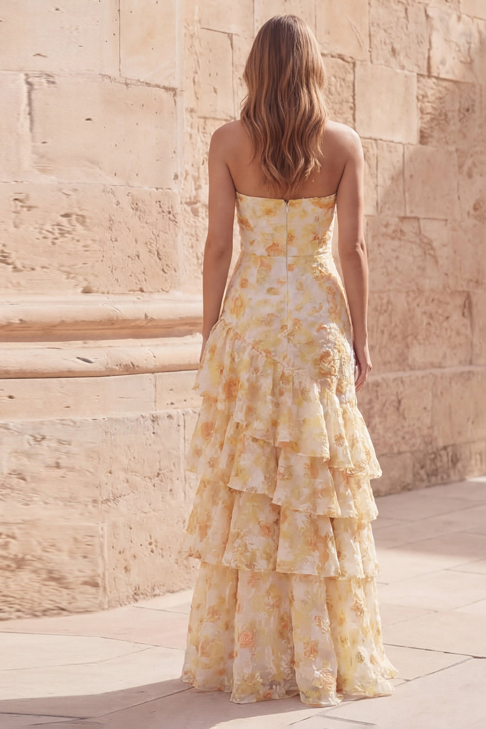 Long Floral Strapless Yellow A Line Prom Dress with Ruffles
