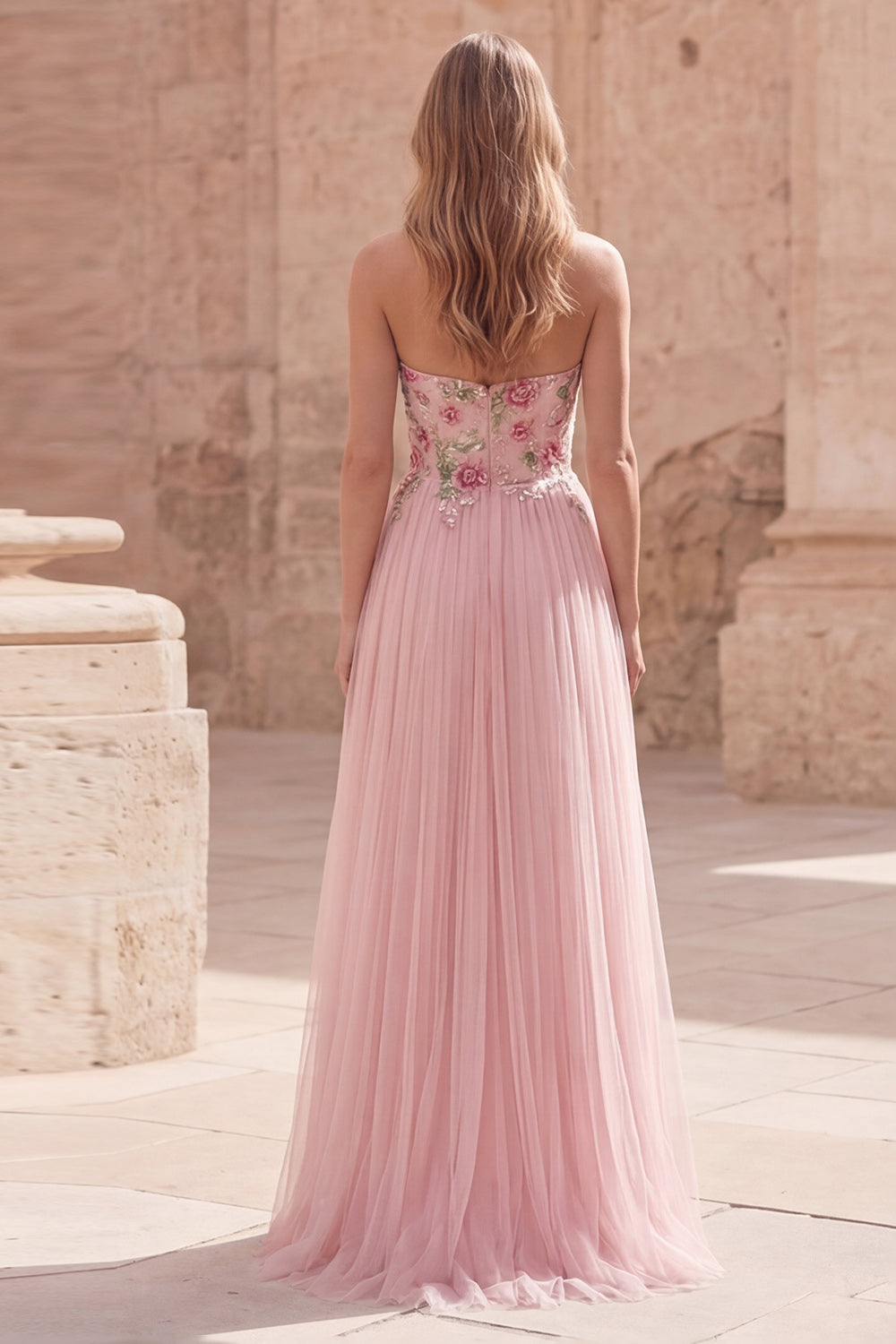 Pink Floral Strapless A Line Pleated Long Prom Dress