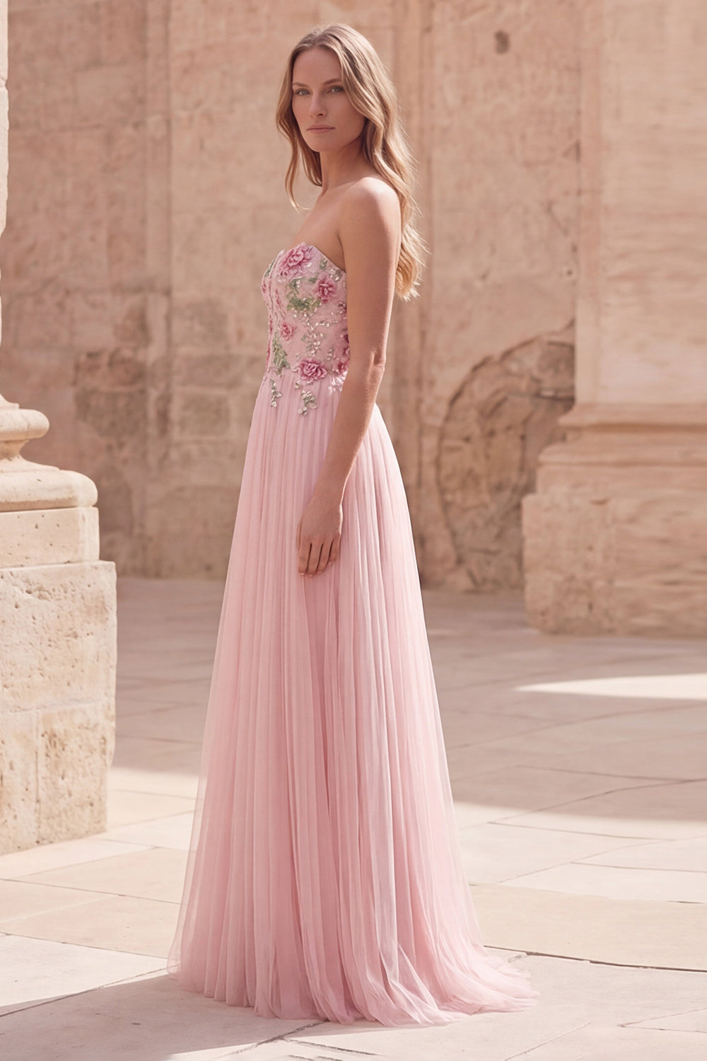 Pink Floral Strapless A Line Pleated Long Prom Dress